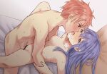  1boy 1girl bar_censor blush breasts censored completely_nude couple fire_emblem fire_emblem:_the_binding_blade french_kiss hand_on_another&#039;s_arm happy_sex kiss large_breasts lilina_(fire_emblem) looking_at_another missionary nipples nude purple_eyes purple_hair red_hair roy_(fire_emblem) saliva saliva_trail sex steaming_body straddling sweat tearing_up tongue upright_straddle vaginal wspread 