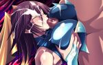  1boy 1girl :&gt;= aoi_nagisa_(metalder) bare_shoulders blush bow breasts breasts_squeezed_together bukkake censored closed_eyes clothed_female_nude_male clothed_sex covered_nipples cum cum_in_mouth cum_on_body cum_on_breasts cum_on_clothes cum_on_hair dutch_angle ejaculation facial fellatio hair_bow hair_ribbon hetero highres huge_breasts kagano_megu large_breasts lying mahou_shoujo_ai mosaic_censoring non-web_source nude on_back oral paizuri paizuri_under_clothes penis purple_hair ribbon short_hair skin_tight solo_focus turtleneck variant_set 