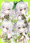  1girl :o ;) ahoge alternate_hairstyle bare_shoulders blush bow bracelet closed_mouth commentary_request detached_sleeves dress genshin_impact gold_trim gradient_hair green_bow green_eyes green_hair green_sleeves hair_between_eyes hair_bow hair_ornament hand_up hands_up jewelry leaf_hair_ornament long_hair looking_at_viewer moco_(moco_8854) multicolored_hair multiple_views nahida_(genshin_impact) one_eye_closed open_mouth pointy_ears sleeveless sleeveless_dress smile star-shaped_pupils star_(symbol) symbol-shaped_pupils twintails white_dress white_hair 