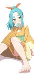  1girl absurdres barefoot blush breasts commentary convenient_censoring food green_eyes green_hair hairband highres japanese_clothes kimono looking_at_viewer monogatari_(series) mouth_hold na-suke obi ononoki_yotsugi orange_hairband pointy_ears ponytail popsicle print_kimono sash simple_background sitting small_breasts solo summer_festival white_background wide_sleeves yukata 