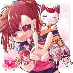  &gt;_&lt; 2girls 4boys ayase_momo backpack bag bell black_hair black_skirt blush brown_eyes brown_hair carrying carrying_person cat closed_eyes commentary_request dandadan dual_persona earrings enjoji_jin evil_eye_(dandadan) facial_mark flying_sweatdrops glasses hair_ornament hair_scrunchie high_ponytail highres jacket jewelry looking_at_viewer male_underwear mini_person miniboy miniskirt multiple_boys multiple_girls neck_bell notice_lines open_mouth outstretched_arm ponytail red_hair red_jacket round_eyewear scrunchie shion-1115 short_hair skirt smile takakura_ken_(dandadan) takakura_ken_(transformed)_(dandadan) third_eye topless_male track_jacket transformation turbo_granny_(dandadan) underwear v white_hair 