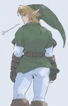  1boy blonde_hair blue_eyes boots brown_boots brown_gloves closed_mouth curtained_hair earrings film_grain fingerless_gloves from_behind gloves green_hat green_tunic hat highres jewelry layered_sleeves link long_pointy_ears long_sleeves looking_to_the_side male_focus nanananana0706 pants piercing pointy_ears profile shirt short_over_long_sleeves short_sleeves simple_background solo standing the_legend_of_zelda the_legend_of_zelda:_ocarina_of_time tunic twitter_username white_background white_pants white_shirt 