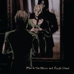 2boys blonde_hair commentary_request dark different_reflection english_commentary english_text evil_grin evil_smile formal_clothes glowing glowing_eyes grin hellomadjackass high_contrast highres illuso jojo_no_kimyou_na_bouken looking_at_mirror male_focus mirror multiple_boys necktie pannacotta_fugo partially_shaded_face purple_eyes purple_necktie red_eyes reflection short_hair smile subtitled suit vento_aureo 