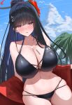  1girl alternate_costume alternate_hairstyle bare_shoulders bikini black_bikini black_hair blue_archive blunt_bangs blush breasts cleavage flower hair_flower hair_ornament hairclip highres jacket large_breasts navel open_mouth ponytail red_eyes red_flower red_jacket rio_(blue_archive) shougun_(chuckni1) solo stomach swimsuit whistle whistle_around_neck 