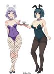  2girls absurdres alcohol animal_ears bow bowtie breasts cleavage coffee cup detached_collar drinking_glass fake_animal_ears green_eyes green_hair hand_on_own_cheek hand_on_own_face high_heels highres holding holding_tray large_breasts leotard looking_at_viewer megami_no_cafe_terrace mesh multiple_girls ono_shiragiku open_mouth oxicmar playboy_bunny purple_eyes rabbit_ears short_hair simple_background souya_moemi standing strapless strapless_leotard thighhighs tray white_background wine wine_glass 