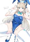  1girl 2023 animal_ears aqua_bow aqua_bowtie ass_visible_through_thighs bare_shoulders blonde_hair blue_archive blue_eyes blue_halo blue_ribbon blue_shoes blush bow bowtie breasts cameltoe chisamikan cleavage commentary_request covered_navel dated detached_collar double_v dutch_angle fake_animal_ears foreshortening hair_intakes hair_ribbon halo hands_up high_heels highres knees_out_of_frame long_hair looking_at_viewer medium_breasts official_alternate_costume official_alternate_hairstyle parted_lips partially_visible_vulva playboy_bunny rabbit_ears ribbon shoes sidelocks signature simple_background solo spread_legs squatting straight_hair thighhighs thighs toki_(blue_archive) toki_(bunny)_(blue_archive) v very_long_hair white_background white_thighhighs white_wrist_cuffs wrist_cuffs 