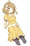  1girl abara_heiki ahoge black_pants blue_eyes brown_hair child commentary cowboy_shot dress floral_print floral_print_dress flower frown gift_art hair_flower hair_ornament highres idolmaster idolmaster_million_live! interlocked_fingers leaning_back light_blush long_sleeves looking_at_viewer medium_hair own_hands_together pants print_dress second-party_source simple_background solo suou_momoko wavy_hair white_background yellow_dress 