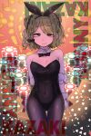  1girl absurdres aged_up animal_ear_hairband animal_ears arms_behind_back black_leotard black_pantyhose black_ribbon bow bowtie braided_sidelock breasts card casino character_name cleavage closed_mouth coin covered_navel crossed_arms detached_collar double_bun fake_animal_ears fake_tail gold_coin green_eyes green_hair hair_bun hair_ribbon hairband highleg highleg_leotard highres leotard light_smile looking_at_viewer medium_breasts morinaka_kazaki nijisanji pantyhose playboy_bunny playing_card poker_chip queen_(playing_card) rabbit_ear_hairband rabbit_ears ribbon smirk solo strapless strapless_leotard tail thighs traditional_bowtie tsuukon_(tukonn) virtual_youtuber white_wrist_cuffs wrist_cuffs 