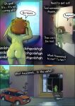 absurd_res bodily_fluids butt butt_focus crying english_text female glistening glistening_body goblin greenbuncafe hi_res humanoid implied_transformation inner_monologue inside looking_at_mirror looking_at_object mirror outside panicking post-apocalyptic slurred_speech solo solo_focus sweat tears text thinking
