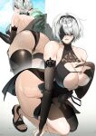  1girl 2b_(nier:automata) 2b_(yorha_unofficial_waterfront_gear)_(nikke) black_bridal_gauntlets black_dress black_flower black_hairband black_rose black_sandals black_thighhighs blindfold breasts bridal_gauntlets cleavage covered_eyes dress dress_flower flower goddess_of_victory:_nikke grey_hair hairband highres large_breasts mole mole_under_mouth nier:automata nier_(series) official_alternate_costume on_ground on_one_knee outdoors pelvic_curtain rose sandals see-through_clothes see-through_pelvic_curtain shishamo_712 single_bare_foot single_thighhigh solo swimsuit thigh_strap thighhighs thighs white_hair 