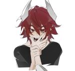  2boys aotu_world bite_mark black_shirt collarbone eyes_visible_through_hair fangs fingernails hair_between_eyes hand_on_another&#039;s_face headgear holding_another&#039;s_wrist long_sleeves looking_at_viewer male_focus multiple_boys open_mouth pius_(aotu_world) pointy_ears pov pov_hands red_eyes red_hair scar scar_on_face sharp_teeth shirt short_hair simple_background smile solo_focus sweatdrop teeth thick_eyebrows tiantianxiangshang89404 upper_body white_background yaoi 