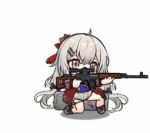  1girl animated animated_gif box dragunov_svd fur_trim girls&#039;_frontline grey_eyes gun holding holding_gun holding_weapon long_hair lowres official_art rifle shorts sniper_rifle svd_(girls&#039;_frontline) weapon white_hair 