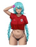  1girl :d absurdres arm_tattoo arm_up arms_behind_head ass_visible_through_thighs bikini blue_eyes blue_hair blush braid breasts collarbone commentary cropped_legs cropped_shirt double-parted_bangs english_commentary flower flower_tattoo groin hair_flower hair_ornament hatsune_miku highleg highleg_bikini highres large_breasts leg_tattoo long_hair looking_at_viewer navel navel_piercing one_eye_closed open_mouth panama piercing pink_flower red_shirt shirt shirt_overhang short_sleeves side-tie_bikini_bottom signature simple_background smile solo stomach swimsuit tattoo teeth twin_braids twintails upper_teeth_only very_long_hair vocaloid white_background worldwide_miku yukaraishin 