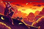  1boy architecture arm_on_knee bian_lian chinese_clothes cloud commentary_request dragon_boy east_asian_architecture eastern_dragon_horns floating_hair gradient_sky holding holding_mask horns hua_zhuotian_(shinku_castle) long_hair looking_at_viewer male_focus mask monster_boy mountainous_horizon on_roof one_eye_covered orange_sky orange_theme original pants pixel_art red_hair red_pants red_shirt red_sky red_theme shinku_castle shirt sitting sitting_on_roof sky solo sun sunset tree yellow_eyes yellow_horns yellow_sky 