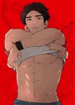  1boy abs arms_up bare_pectorals black_hair blue_pants clothes_lift commentary cowboy_shot crossed_arms denim english_commentary grey_eyes groin highres jeans looking_at_viewer male_focus pants parted_lips pectorals pokemon pokemon_sm red_(pokemon) red_background shirt shirt_lift short_sleeves sinm_i solo t-shirt teeth toned toned_male veins veiny_arms wristband 