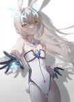 1girl animal_ears az_(zero_glvimayhop) bare_shoulders black_gloves breastless_clothes breastless_leotard code:_battle_seraph_(elsword) cowboy_shot detached_collar elsword eve_(elsword) fake_animal_ears fake_tail flat_chest gloves grey_hair highres leotard long_hair looking_at_viewer mark_under_both_eyes playboy_bunny rabbit_ears rabbit_tail shadow simple_background solo tail white_background white_leotard wrist_cuffs yellow_eyes 