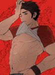  1boy abs armband arms_up bare_pectorals black_hair blue_pants clothes_in_mouth clothes_lift denim grey_eyes hand_on_own_hip highres jeans male_focus mouth_hold navel pants parted_lips pectorals pokemon pokemon_sm red_(pokemon) red_background shirt shirt_in_mouth shirt_lift short_sleeves sideburns sinm_i solo sweat t-shirt teeth veins veiny_arms 