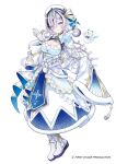  1girl ahoge arm_up belt_around_waist black_choker black_hair blue_eyes boots breasts choker cleavage cross_hair_ornament crystal_hair_ornament dress first_stage_production full_body ghost gloves grey_hair hair_ornament hair_over_one_eye hair_ribbon hat large_breasts large_ribbon layered_dress light_blush long_sleeves looking_at_viewer mascot multicolored_hair muto_(n0sug4r) neck_ribbon ribbon rope single_sleeve_past_fingers sleeves_past_fingers sleeves_past_wrists smile snowflake_hair_ornament snowflake_print snowflakes solo streaked_hair virtual_youtuber waist_ribbon watermark white_background white_boots white_dress white_gloves white_hair white_hat white_ribbon yuyu_yura 