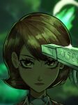  1girl absurdres blurry blurry_background blush brown_eyes brown_hair chaosoded choker close-up closed_mouth english_commentary evoker eyelashes flipped_hair glint green_sky heart heart_choker highres looking_at_viewer persona persona_3 pointing pointing_at_self portrait s.e.e.s short_hair sky solo straight-on takeba_yukari upper_body white_choker 