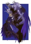  1girl 2boys armor black_cape blindfold blonde_hair blue_jacket blue_surcoat boots bracelet braid brother_and_sister brown_boots brown_gloves cape chocytd coattails colored_skin crown_braid duchess_(elden_ring) elden_ring elden_ring_nightreign eye_mask floating from_side full_armor gauntlets gloves grey_skin hair_bun height_difference helmet heolstor_the_nightlord highres hug jacket jewelry multiple_boys pants parted_lips purple_cape scale_armor siblings simple_background spiked_helmet torn_cape torn_clothes white_pants winged_helmet wylder_(elden_ring) 