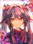  1girl :3 blurry blurry_background blurry_foreground brown_hair commentary_request depth_of_field flower genshin_impact hair_flower hair_intakes hair_ornament hair_over_shoulder highres hu_tao_(genshin_impact) long_eyelashes looking_at_viewer luta_(luta_1013) portrait sidelocks signature solo star-shaped_pupils star_(symbol) symbol-shaped_pupils twitter_username 