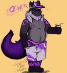 anthro beard black_body black_fur canid canine clothing facial_hair fox fur grey_markings hi_res male mammal markings oliver_(the_mist_walker) purple_body purple_fur purple_tail solo tail the_mist_walker thong underwear