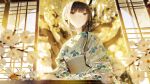  1girl arrow_(projectile) atha_(leejuiping) blurry blurry_background blush brown_eyes brown_hair depth_of_field flower glint hamaya highres japanese_clothes kimono long_hair obi open_mouth original parted_lips print_kimono sash solo striped_clothes striped_kimono vertical-striped_clothes vertical-striped_kimono yukata 