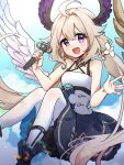  1girl :d ahoge angel_wings aqua_nails bare_arms bare_shoulders blonde_hair blue_sky breasts cloud dress enna_alouette enna_alouette_(1st_costume) feet_out_of_frame floating floating_hair grey_dress hair_between_eyes hair_flaps hair_ornament hands_up head_wings highres holding holding_microphone knees_together_feet_apart knees_up long_hair looking_at_viewer low_twintails microphone nail_polish nijisanji nnnn open_mouth pantyhose pink_eyes purple_wings shoes single_wing sky sleeveless sleeveless_dress small_breasts smile solo twintails very_long_hair virtual_youtuber white_dress white_pantyhose white_wings wings 