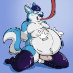 anthro arms_tied aroused aroused_face aroused_male balls belly belly_expansion belly_inflation belly_rub big_belly bloated blue_background blue_body blue_fur blue_hair bound canid canine canis cheek_bulge cheek_markings clothing disembodied_hand domestic_dog erection expansion facial_markings front_view fur genitals green_eyes hair hands_behind_back head_markings hi_res hose hose_in_mouth hose_inflation humanoid_genitalia humanoid_penis husky hybrid inflation kneeling latex latex_clothing latex_legwear latex_stockings legwear liquid_inflation love_handles male mammal markings mouth_closed muzzle_(object) muzzled navel nordic_sled_dog nude overweight overweight_anthro overweight_male penis remmyfox simple_background slosh sloshing_belly solo spitz stockings water_inflation white_balls white_belly white_body white_fur wintie wobbling wobbling_belly wolf