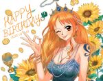  1girl bare_shoulders bead_necklace beads birthday blue_dress blush bracelet breasts chalice cleavage closed_mouth coin collarbone commentary_request crown cup dated dress earrings flower gem gold_coin gold_earrings green_gemstone hair_beads hair_ornament happy_birthday highres jewelry korean_commentary large_breasts long_hair looking_at_viewer nami_(one_piece) necklace ok_sign one_eye_closed one_piece orange_eyes orange_hair ring shoulder_tattoo single_sidelock sktkah_7326 solo spaghetti_strap sunflower tattoo tongue tongue_out upper_body wavy_hair 
