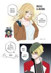  1boy 1girl absurdres bechu black_gloves black_shirt blonde_hair blue_eyes blush breasts cleavage clenched_teeth fatal_fury fingerless_gloves genderswap genderswap_(mtf) gloves hair_between_eyes highres jacket long_hair one_eye_closed open_mouth red_eyes red_jacket rock_howard shaded_face shirt short_hair sweat teeth terry_bogard v white_shirt 