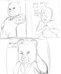 2025 anon anthro bear begging beneath_the_trees_where_nobody_sees bodily_fluids clothed clothing comic dialogue duo english_text eyes_closed female fully_clothed human lcklust male mammal onomatopoeia open_mouth samantha_strong sketch sound_effects speech_bubble sweat text
