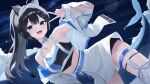  1girl absurdres ahoge akaiv_studio animal_ear_headphones animal_ears armpits axent_wear bare_shoulders belt black_hair black_shirt blue_choker blue_eyes cat_ear_headphones chest_harness choker crop_top dutch_angle fake_animal_ears hand_up harness headphones high-waist_skirt highres jacket jewelry long_hair long_sleeves looking_at_viewer midriff necklace off_shoulder open_clothes open_jacket open_mouth ponytail see-through_clothes see-through_sleeves sei_(0724sei6) shirt shorts shorts_under_skirt single_thighhigh skirt sleeveless sleeveless_shirt smile solo thigh_belt thigh_strap thighhighs virtual_youtuber w whale white_jacket white_skirt yeorumi_(vtuber) 