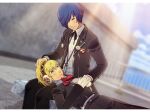  1boy 1girl 3d absurdres aigis_(persona) artist_name blue_eyes blush commentary commission english_commentary gekkoukan_high_school_uniform headpat highres looking_at_another lying_on_lap persona persona_3 personaparadise rooftop school_uniform smile yuuki_makoto_(persona_3) 