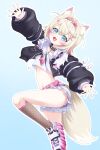  1girl 4kimizuki :3 absurdres animal_ear_fluff animal_ears bandaid bandaid_hair_ornament belt black_jacket black_socks blonde_hair blue_eyes collar dog_ears dog_girl dog_tail fang fur_collar hair_ornament hairband hairclip headphones headphones_around_neck highres hololive hololive_english jacket kneehighs leg_up midriff mococo_abyssgard navel open_mouth outstretched_arms panties panty_peek shirt shoes short_hair short_shorts shorts smile socks solo standing standing_on_one_leg stomach striped_clothes striped_panties tail thighs underwear upshorts virtual_youtuber white_shirt white_shoes white_shorts 