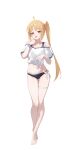  1girl absurdres ahoge alternate_costume bare_legs barefoot bikini black_bikini blonde_hair blush bocchi_the_rock! braid highres ijichi_nijika long_hair looking_at_viewer open_mouth red_eyes shirt short_sleeves side_ponytail sidelocks solo sukaliya swimsuit t-shirt tied_shirt white_shirt 