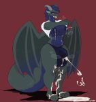 absurd_res anthro balls balls_outline big_balls big_breasts big_bulge big_penis bodily_fluids breasts bulge clothed clothing clothing_lift cum cum_drip cum_in_clothing cum_in_underwear cum_on_ground cum_on_leg cum_on_self cum_through_clothing cum_through_underwear cumshot detailed_bulge dragon dripping ejaculation excessive_cum excessive_genital_fluids genital_fluids genital_outline genitals grey_body gynomorph hands-free hi_res horn huge_balls huge_bulge huge_penis intersex lactating membrane_(anatomy) membranous_wings musk musk_clouds mythological_creature mythological_scalie mythology nipples penis penis_outline purple_body raised_clothing raised_shirt raised_topwear red_background scalie shirt shirt_lift simple_background sinisterheaven solo spontaneous_ejaculation standing thick_thighs thong tongue tongue_out topwear trans_(lore) trans_woman_(lore) underwear undressing wet wet_clothing wet_underwear wings