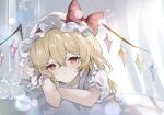  1girl :&lt; arm_rest blonde_hair blush bow crystal crystal_wings flandre_day flandre_scarlet flower hair_between_eyes hat hat_ribbon highres looking_at_viewer medium_hair mob_cap multicolored_wings puffy_short_sleeves puffy_sleeves red_eyes ribbon rose short_sleeves solo sorani_(kaeru0768) touhou white_background white_flower white_hat white_rose wings 
