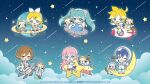  &gt;_&lt; 2boys 4girls :d ;o aqua_eyes aqua_hair astronaut black_gloves blonde_hair blue_eyes blue_hair brown_eyes brown_hair closed_mouth cloud commentary_request copyright_notice crescent_moon dress full_body gloves hair_ornament hatsune_miku highres holding holding_telescope kagamine_len kagamine_rin kaito_(vocaloid) logo long_hair medium_hair megurine_luka meiko_(vocaloid) moon multiple_boys multiple_girls official_art one_eye_closed open_mouth pink_hair rocket satellite saturn_(planet) shooting_star shooting_star_hair_ornament sitting smile standing star_(symbol) star_hair_ornament telescope twintails ufo very_long_hair vocaloid white_dress white_gloves 