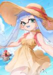  1girl absurdres blue_hair blue_sky chu_u0spl cloud dress green_eyes hat highres inkling inkling_girl inkling_player_character long_hair looking_at_viewer open_mouth outdoors outstretched_arms pointy_ears sky smallfry_(splatoon) smile solo splatoon_(series) splatoon_3 sun_hat tentacle_hair yellow_dress 