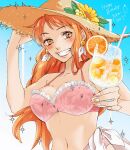  1girl bare_arms bare_shoulders bikini birthday blue_sky blush breasts brown_eyes character_name collarbone commentary cup dated drink drinking_straw earrings flower food frilled_bikini frills fruit grin hand_on_headwear happy_birthday hat hat_flower highres holding holding_cup holding_drink jewelry large_breasts long_hair looking_at_viewer mandarin_orange matsuda_(louol) nail_polish nami_(one_piece) navel one_piece orange_(fruit) orange_hair orange_slice pearl_earrings pink_bikini sky smile solo sparkle stomach straw_hat sunflower swimsuit upper_body wavy_hair 