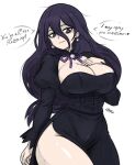  1girl bags_under_eyes black_shrug breasts cleavage cleavage_cutout closed_mouth clothing_cutout commentary corset earrings english_commentary english_text eyelashes graphicthereal hair_between_eyes heart hex_maniac_(pokemon) hex_maniac_(pokemon_legends:_z-a) jewelry large_breasts pokemon pokemon_legends:_z-a purple_eyes purple_pupils shrug_(clothing) signature simple_background smile solo speech_bubble standing thighs white_background 