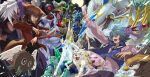  1girl 1other 6+boys absurdres black_shirt blue_eyes blue_hair blue_vest brown_eyes brown_hair card crystal_beast_amber_mammoth crystal_beast_amethyst_cat crystal_beast_cobalt_eagle crystal_beast_emerald_tortoise crystal_beast_ruby_carbuncle crystal_beast_sapphire_pegasus crystal_beast_topaz_tiger deck_of_cards dragon duel_academy_uniform_(yu-gi-oh!_gx) duel_disk elemental_hero_avian elemental_hero_bubbleman elemental_hero_burstinatrix elemental_hero_clayman elemental_hero_neos elemental_hero_sparkman fangs feathered_wings gem green_eyes group_picture highres holding holding_card horns jacket johan_andersen mammoth medium_hair mole multiple_boys n_23 neo-spacian_grand_mole pegasus pink_fur pink_shirt rainbow_dragon red_jacket shirt single_horn trading_card turtle vest white_wings winged_kuriboh wings yellow_wings yu-gi-oh! yu-gi-oh!_gx yubel 
