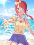  1girl :d bare_shoulders beach blue_eyes blue_shorts cinn_a0 crop_top eyelashes highres looking_at_viewer midriff ocean official_alternate_costume open_mouth pokemon pokemon_masters_ex red_hair shorts skyla_(pokemon) skyla_(summer_2025)_(pokemon) smile solo teeth twitter_username upper_teeth_only 