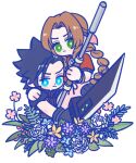  105zz 1boy 1girl aerith_gainsborough armor black_gloves black_hair blue_eyes blue_flower blush braid braided_ponytail brown_hair buster_sword closed_mouth commentary_request crisis_core_final_fantasy_vii dress final_fantasy final_fantasy_vii final_fantasy_vii_rebirth final_fantasy_vii_remake flower gloves green_eyes hair_ribbon hand_on_another&#039;s_shoulder holding holding_staff holding_sword holding_weapon jacket leaf looking_at_viewer parted_bangs pink_dress pink_flower pink_ribbon ponytail purple_flower red_jacket ribbed_sweater ribbon shoulder_armor sleeveless sleeveless_turtleneck spiked_hair staff sweater sword turtleneck turtleneck_sweater weapon white_background white_flower yellow_flower zack_fair 