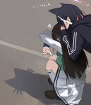  2girls airi_(blue_archive) animal_ears black_hair black_hoodie blue_archive blush brown_hair brown_shoes cat_ears cat_girl cat_shadow_puppet_(meme) commentary day double_w extra_ears food-themed_hair_ornament full_body green_halo hair_ornament halo heart highres hood hood_down hoodie ice_cream_hair_ornament kazusa_(blue_archive) kneehighs loafers long_hair long_sleeves meme miniskirt momocadraw multicolored_hair multiple_girls outdoors pink_hair pink_halo pleated_skirt road school_uniform shadow shirt shoes skirt socks squatting straight_hair translation_request two-tone_hair w white_shirt white_skirt white_socks 