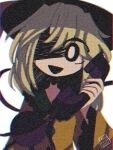  1girl black_hat bright_pupils buttons collar diamond_button dress frilled_dress frilled_shirt_collar frilled_sleeves frills green_collar green_hair hair_over_eyes hat holding holding_phone komeiji_koishi long_sleeves looking_at_viewer open_mouth phone raisutea shaded_face shirt short_hair signature solo touhou urban_legend_in_limbo white_background white_pupils yellow_shirt 
