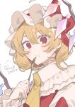  1girl :&lt; ascot blonde_hair bow closed_mouth collared_shirt crumbs flandre_day flandre_scarlet food food_on_face fork frilled_shirt_collar frills hair_between_eyes hashtag-only_commentary hat hat_bow hat_ribbon highres holding holding_fork laspberry. looking_at_viewer mob_cap portrait red_bow red_eyes red_ribbon red_vest ribbon shirt short_hair solo touhou vest white_background white_shirt wings yellow_ascot 
