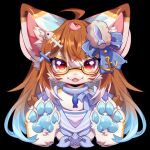 1:1 2024 accessory anthro black_background blue_highlights blue_markings blue_pawpads brown_hair brown_markings bust_portrait claws clothed clothing collar colored countershade_face countershade_hands countershade_neck countershade_torso countershading ear_markings eyewear female fish_collar_tag front_view fur glasses glistening glistening_ears hair hair_accessory hair_ribbon handpaw hi_res highlights_(coloring) inner_ear_fluff markings open_mouth open_smile orange_body orange_eyes orange_fur pawpads paws pink_inner_ear portrait potatoshark_(potatoximon) ribbons shaded simple_background smile solo topwear tuft unknown_artist white_body white_countershading white_fur white_highlights white_inner_ear_fluff white_markings