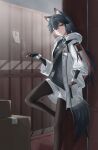  1girl animal_ear_fluff animal_ears arknights between_fingers black_gloves black_hair black_pantyhose black_shirt black_tail cigarette colored_inner_hair commentary foot_out_of_frame fur-trimmed_hood fur-trimmed_sleeves fur_trim gloves hair_between_eyes hand_in_pocket highres holding holding_cigarette hood hood_down hooded_jacket jacket kojy_2524 leg_up light_particles long_hair looking_at_viewer multicolored_hair official_alternate_costume open_clothes open_jacket pantyhose parted_lips pink_hair shirt short_shorts shorts smoke solo standing standing_on_one_leg star_(symbol) strap tail texas_(arknights) texas_(winter_messenger)_(arknights) two-tone_hair white_jacket white_shorts wolf_ears wolf_girl wolf_tail yellow_eyes zipper 